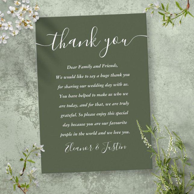 Cartão De Lugar Script de Assinatura Casamento Agradecimento Verde (Signature Script Wedding Olive Green Thank You Place Card)