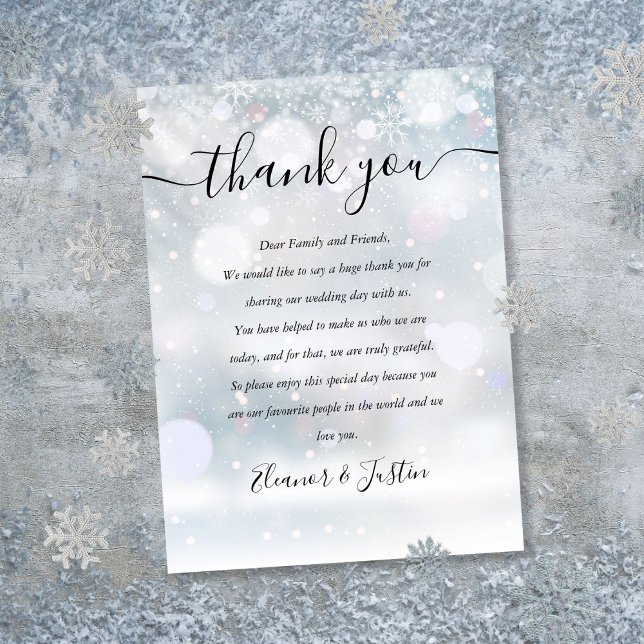 Cartão De Lugar Script de Flocos de Neve de Inverno Obrigado Casam (Winter Snowflakes Script Wedding Thank You Place Card)