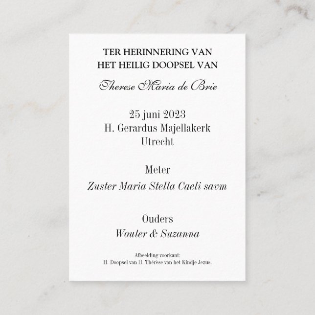 Cartão De Lugar Therese Maria Baptism (Verso)