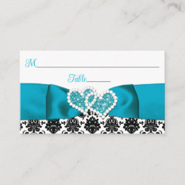 Cartão De Lugar Turquesa, Black Damask Love Heart Casamento