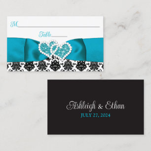 Cartão De Lugar Turquesa, Black Damask Love Heart Casamento