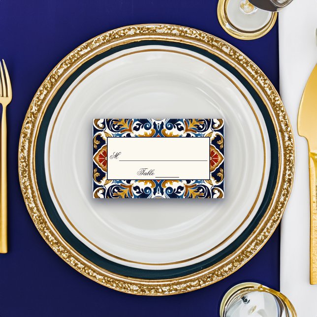 Cartão De Lugar Vintage Talavera Azulejo azulejos Azulejo (Vintage Talavera Azulejo blue tiles Mexican Spanish wedding Place Cards personalized reception decor)