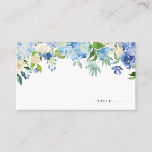 Cartão De Lugar Watercolor Blue Hydrangea e Rosas de marfim Floral