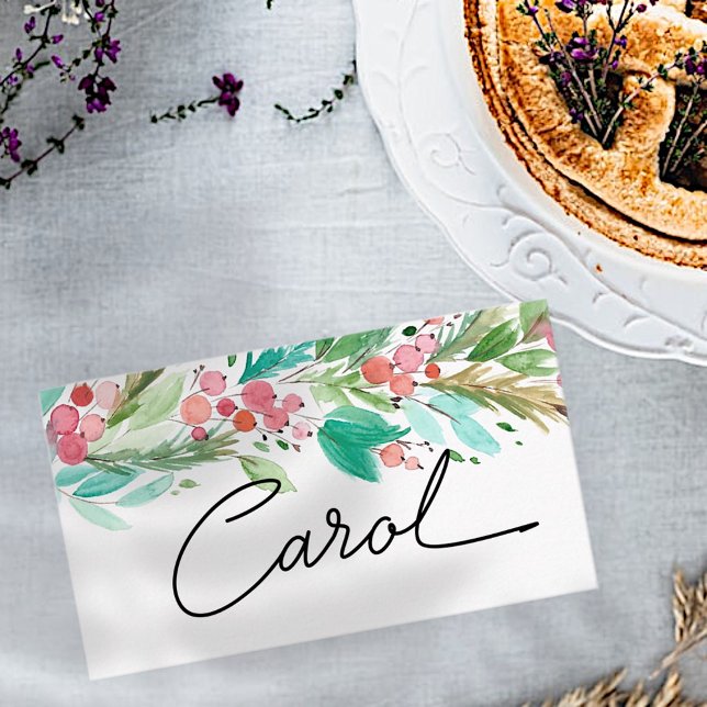 Cartão De Lugar Watercolor Holly Berry Foliage | Férias (Criador carregado)