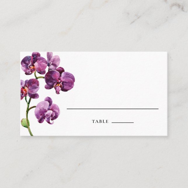 Cartão De Lugar Watercolor Purple Phalaenopsis Orchids Wedding (Frente)