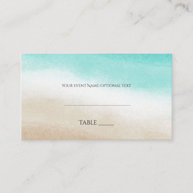 Cartão De Lugar Watercolor Teal & Tan Elegant Beach Wedplace (Frente)