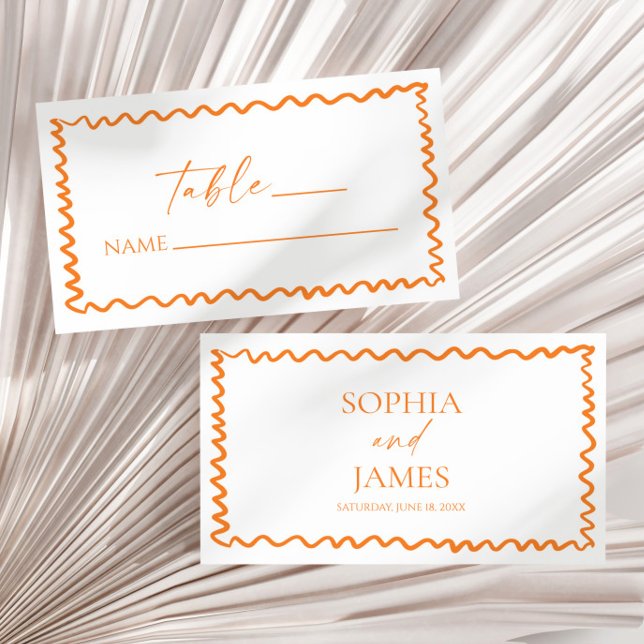 Cartão De Lugar Whimsical Citrus Orange Wavy Border Wedding (Criador carregado)
