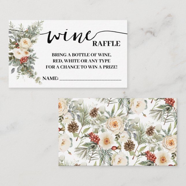 Cartão De Lugar Wine Raffle Ticket Shower Card White Winter Floral (Frente/Verso)