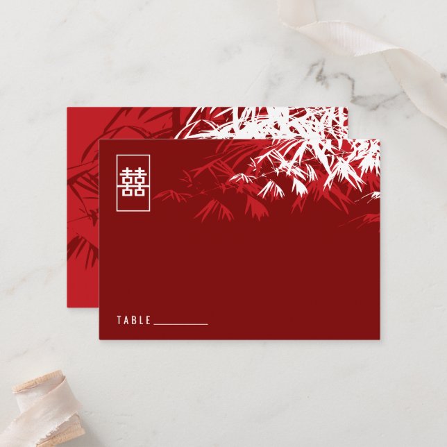 Cartão De Lugar Zen Bamboo deixa casamento chinês de felicidade du (Frente/Verso In Situ)