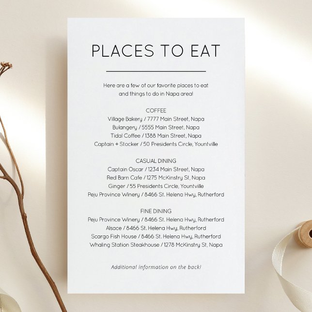 Cartão de lugares para comer e coisas para fazer (Wedding Places to eat and Things to do card)