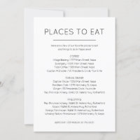 Cartão de lugares para comer e coisas para fazer