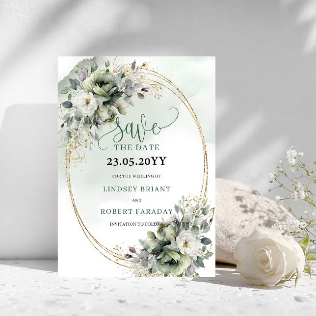 Cartão de Luxo Botânico Verde Dourado para Salvar  (Luxe Botanical Greenery Gold Save The Date Card)