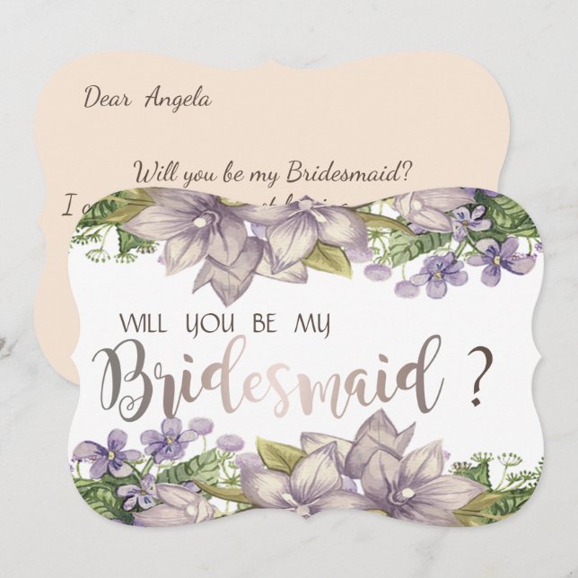 Cartão de Madrinha de Água-marinha com Flores em A (Frente/Verso)