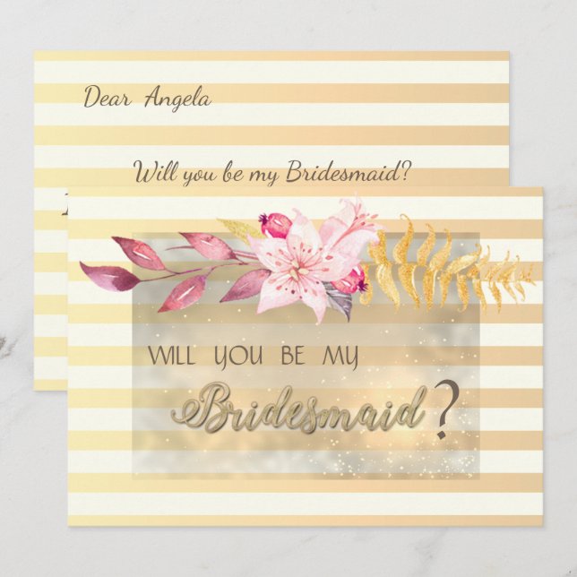 Cartão de madrinha de casamento com listras e flor (Frente/Verso)