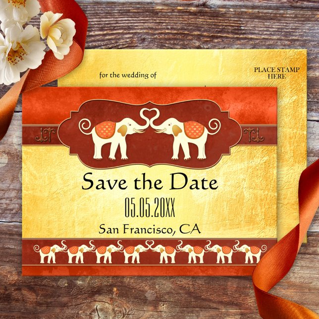 Cartão de Marcação de Data com Elefantes de Marfim (Save the Date postcard featuring two happy elephants. Great for a zoo, safari or Asian wedding)