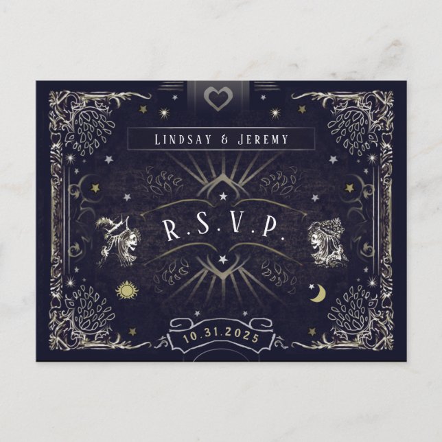 Cartão de Marinho azul RSVP de Tarot do Halloween (Frente)