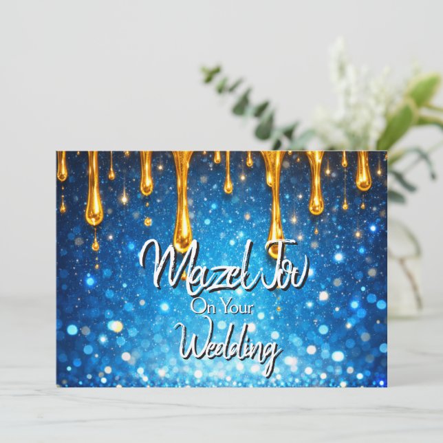 Cartão de Mazel Tov para Casamento, Azul com Doura (Em pé/Frente)