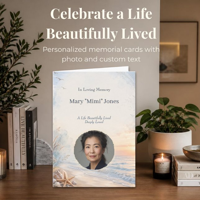 Cartão de Memória Personalizado de Praia com Foto (Elegant beach memorial card with custom photo and text for celebration of life services.)