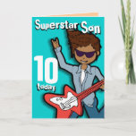 Cartão de menino de 10 anos do Super Star Son<br><div class="desc">Este cartão diz "Filho Superstar 10 hoje. Dentro: "Parabéns". Ou personalizar com suas próprias palavras. Cartão divertido projetado exclusivamente por Sarah Trett.</div>