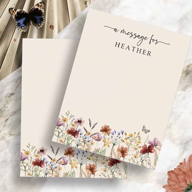 Cartão de Mensagem do Chá de fraldas Boho Wildflow (Watercolor Boho Wildflowers Baby Shower Message Card with Butterfly by Painted Paperie
)