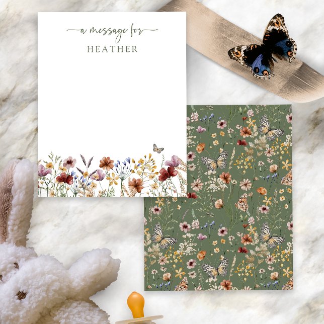 Cartão de Mensagem Verde de Flor Selvagem (Sage Green Boho Wildflower Message Card with Butterfly by Painted Paperie
)