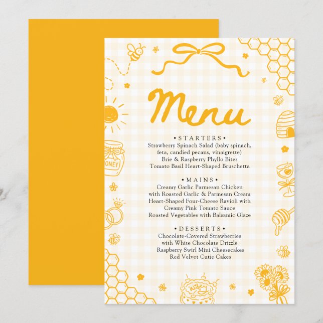 Cartão de Menu Abelha Mel com Xadrez Amarelo Desen (Frente/Verso)