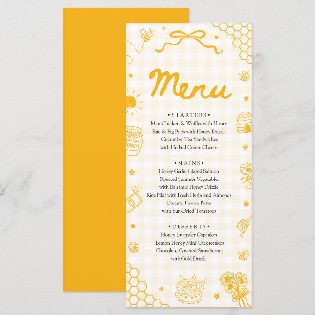Cartão de Menu Abelha Mel Desenhada à Mão em Xadre (Frente/Verso)