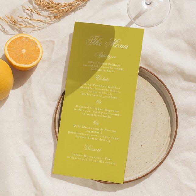 Cartão de Menu Alto Amarelo de Casamento Citrino E (Criador carregado)