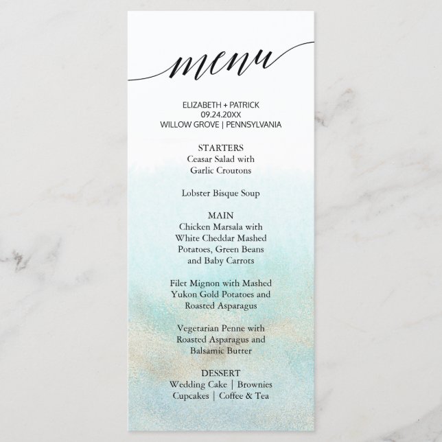 Cartão de Menu Aqua e Dourado Watercolor Beach Jan (Frente)