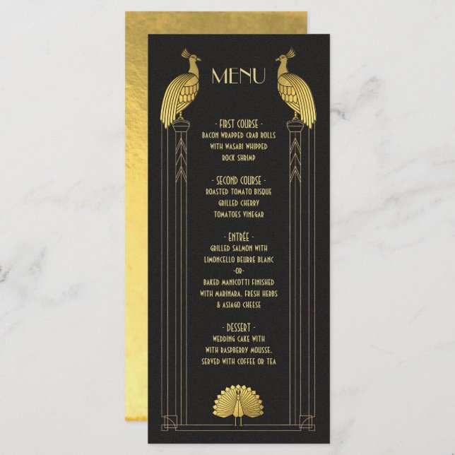 Cartão de menu Art Deco Dourado e Black Peacock We (Frente/Verso)
