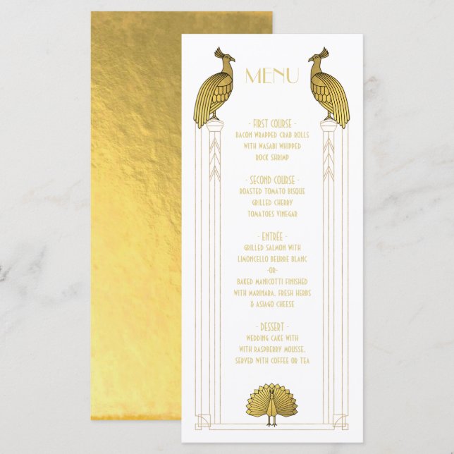 Cartão de menu Art Deco Dourado e White Peacock We (Frente/Verso)