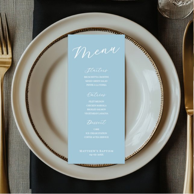 Cartão de Menu Azul Claro Minimalista  (light blue baptism menu card, boy baptism menu sign, minimalist baptism menu, script reception menu)