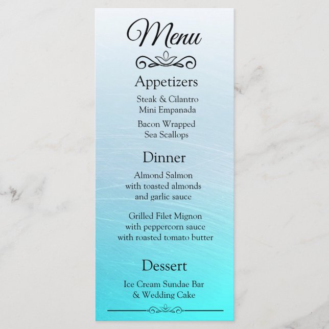 Cartão de Menu Azul de Casamento Elegante Decorati (Frente)