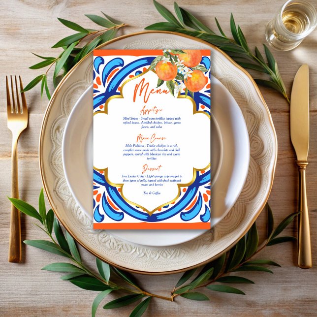 Cartão de menu azul laranja com aperto principal (Her Main Squeeze orange blue talavera tiles menu cards personalized bridal shower table decor menu)