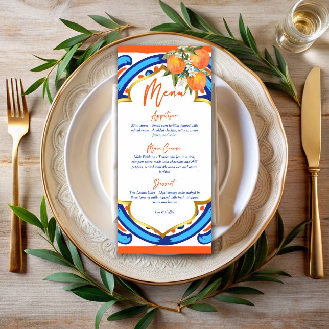 Cartão de menu azul laranja com aperto principal (Her Main Squeeze bridal shower orange blue tiles customized menu card template personalized decor)