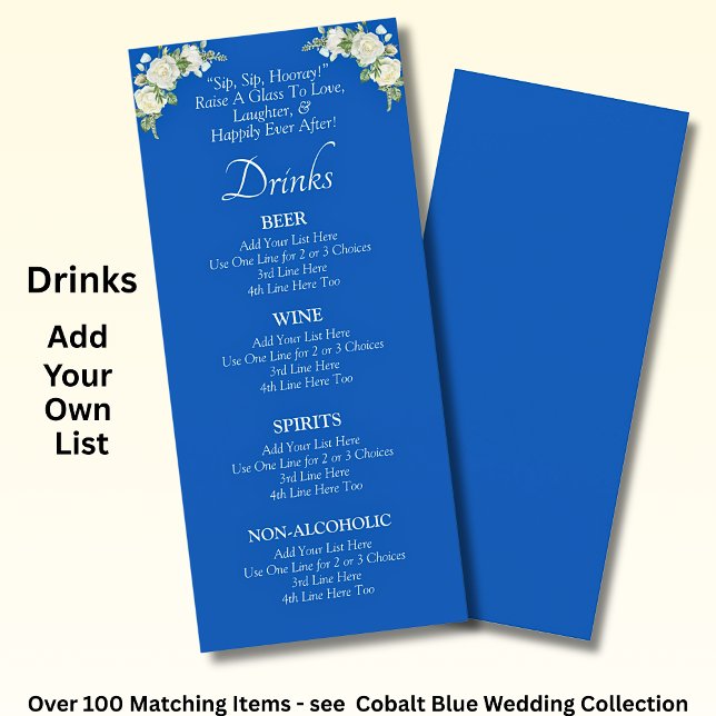 Cartão de Menu Bebidas - Azul Cobalto e Rosas Bran (Criador carregado)