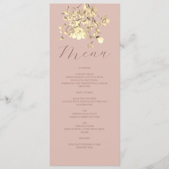 Cartão de Menu Blush Floral Dourado Wedding (Frente)