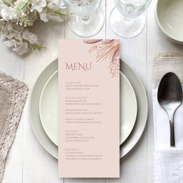 Cartão de Menu Boho Blush Pampas Grass (Boho Blush Pampas Grass Wedding Menu Card on a white wedding table)