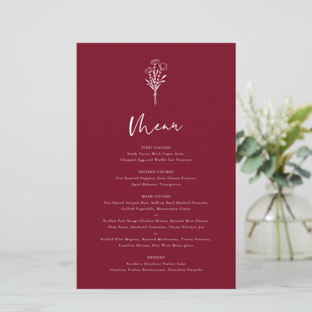 Cartão de Menu Boho Botanicals Burgundy (Em pé/Frente)