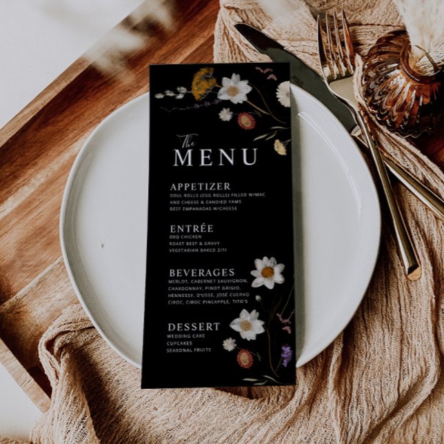 Cartão de Menu Boho Flor Silvestre Preto (Criador carregado)