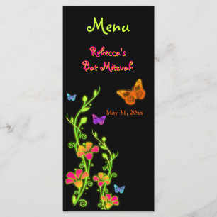 Cartão de Menu Borboletas e Flores Neon