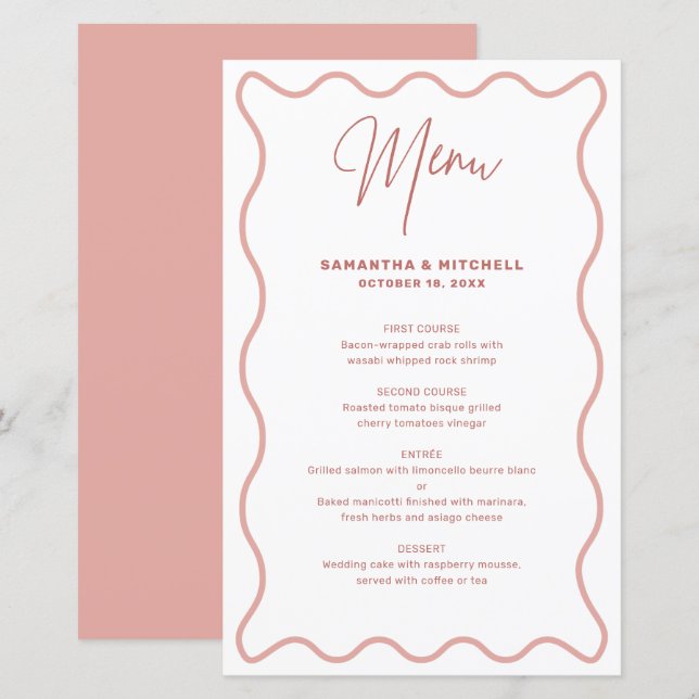 Cartão de menu Borda ondulada rosa e branca (Frente/Verso)