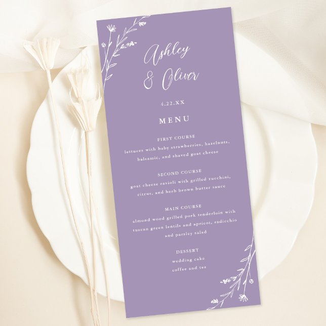 Cartão de Menu Botânico de Casamento de Lavanda Rú (Criador carregado)