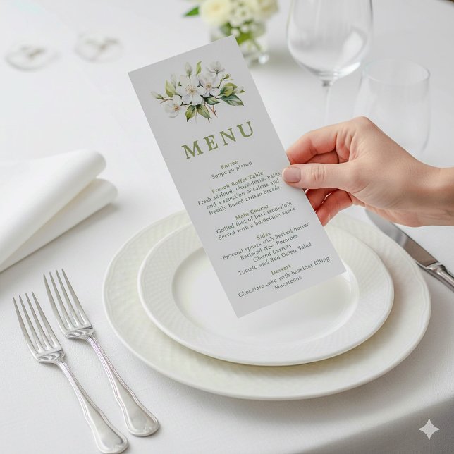 Cartão de Menu Botânico Floral Branco (Pretty apple blossom wedding reception meal menu being held above a dining plate.)