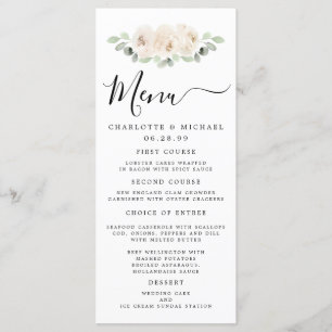 Cartão de Menu Botânico Floral Rosa Branca