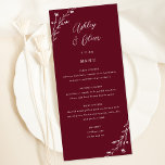 Cartão de Menu Botânico Rustic Burgundy<br><div class="desc">Este adorável cartão de recepção de casamento apresenta um lindo fundo arrojado com flores silvestres desenhadas à mão e uma tipografia elegante em branco. Juntos, esses elementos criam um cardápio de casamento rústico, mas elegante, que seria perfeito para um casamento romântico em qualquer época do ano. Esta design coordena-se com...</div>