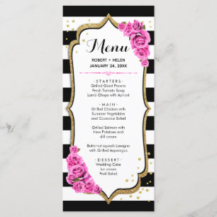 Cartão de Menu Branco Preto Rosa Dourado