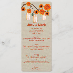 Cartão de Menu Burlap Rustic Orange Mason Jars
