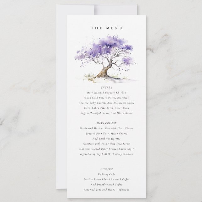 Cartão de Menu Casamento de Árvore Lilac Watercolo (Frente)