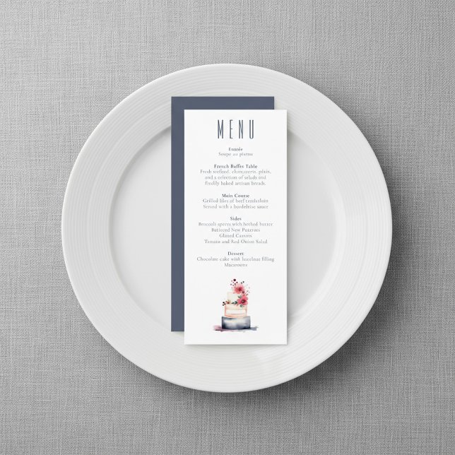 Cartão de Menu Casamento de Bolo de Aquarela do ma (Navy Watercolor Cake Wedding Menu Card.)
